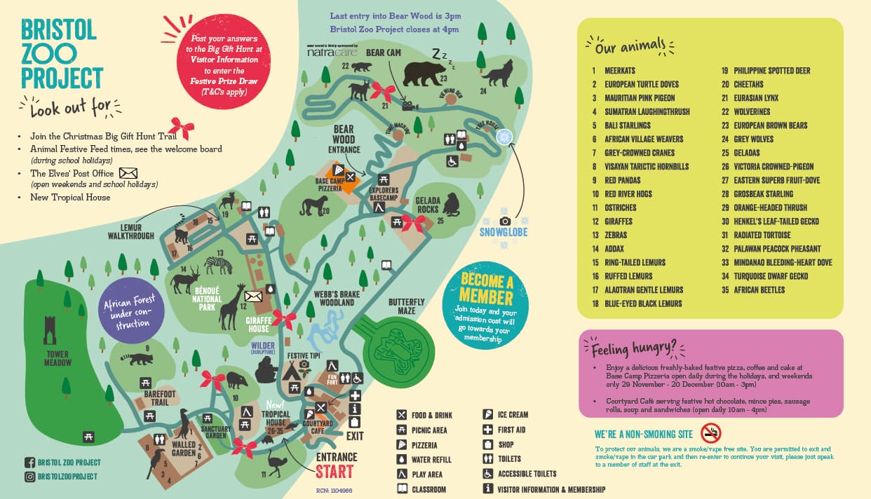 Illustrated map of Bristol Zoo Project with animal exhibits, facilities, and visitor information, including a list of animals and dining options.