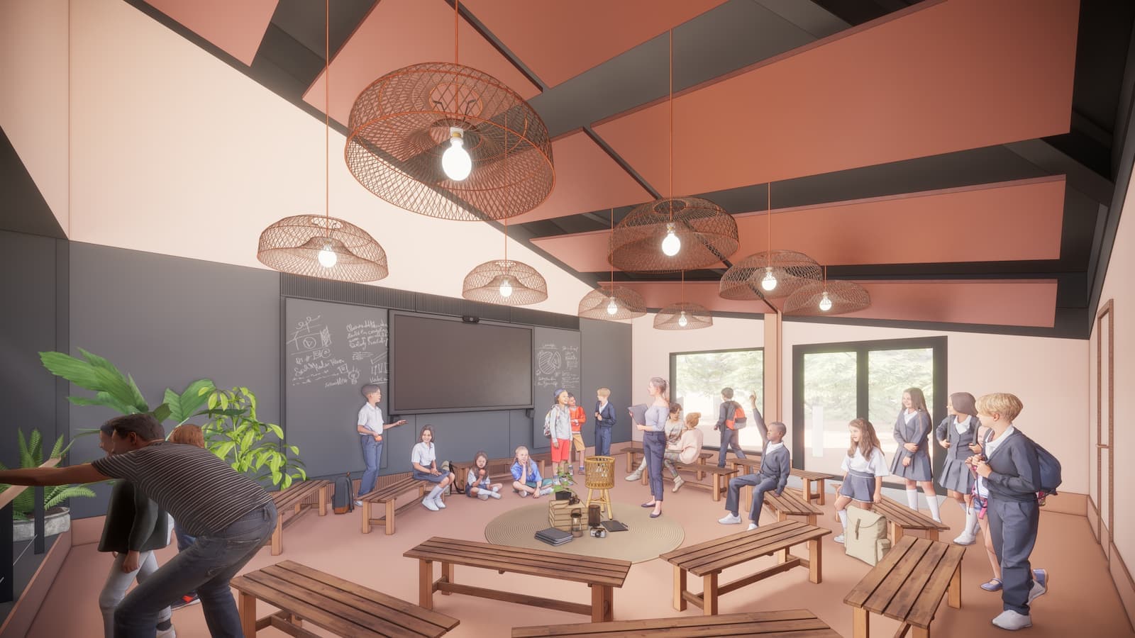 An artist's impression of the new learning space in African Forest at Bristol Zoo Project, a modern-style classroom with benches arranged in a semi-circle.
